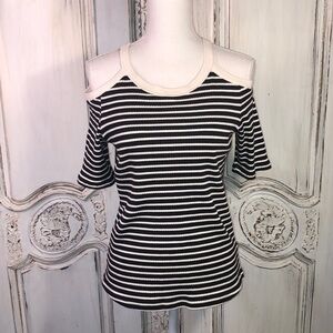 Maeve by Anthropologie Black and Cream Ribbed Knit Striped Cold Shoulder Top